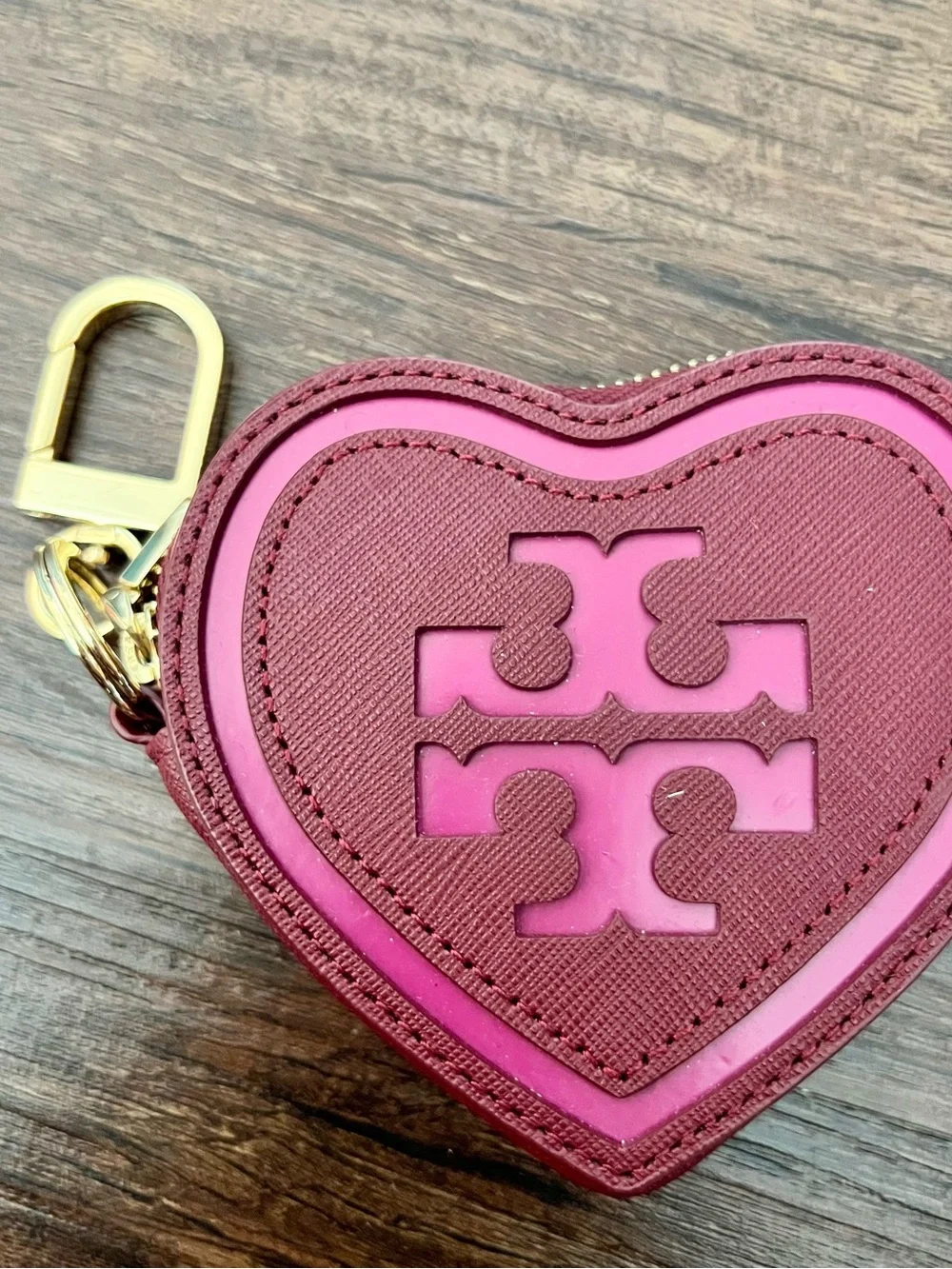 Tory Burch Heart Key & Coin Holder in Pink and Burgundy
